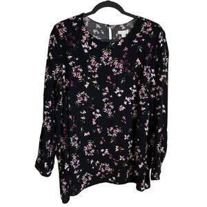 J. Jill Tunic Top Floral Black Pink Layered Asymmetric Hem Sz L Long Sleeves